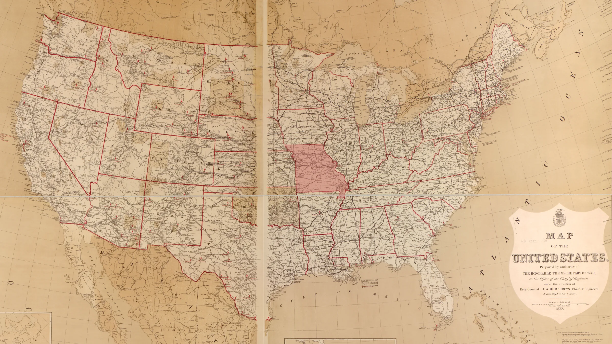 Die Vereinigten Staaten von Amerika, Karte aus dem Jahr 1877. In Rot hervorgehoben ist der Bundesstaat Missouri.