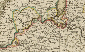 Um 1740 waren die Staatsgrenzen im Gebiet um Genf noch komplizierter. Zu Stadt Genf gehörten einzelne, nicht miteinander verbundene Gebiete. Karte von Genf und Umgebung, 1740