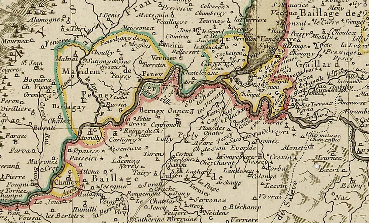 Um 1740 waren die Staatsgrenzen im Gebiet um Genf noch komplizierter. Zur Stadt Genf gehörten einzelne, nicht miteinander verbundene Gebiete. Karte von Genf und Umgebung, 1740