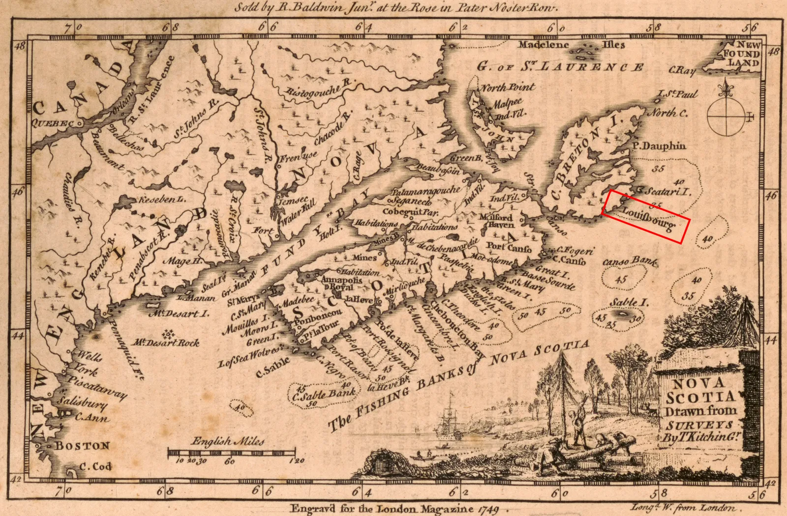 Karte von Nova Scotia um 1749