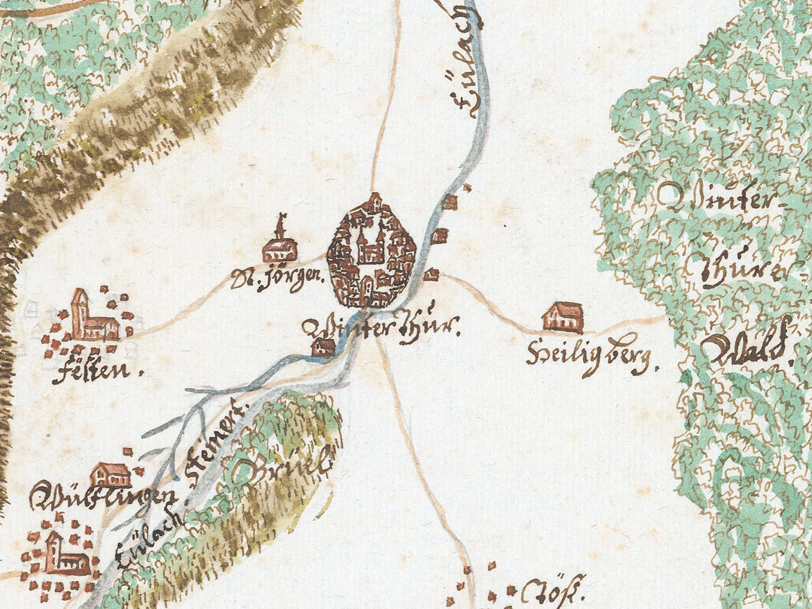 Karte von Winterthur und Umgebung, um 1709.