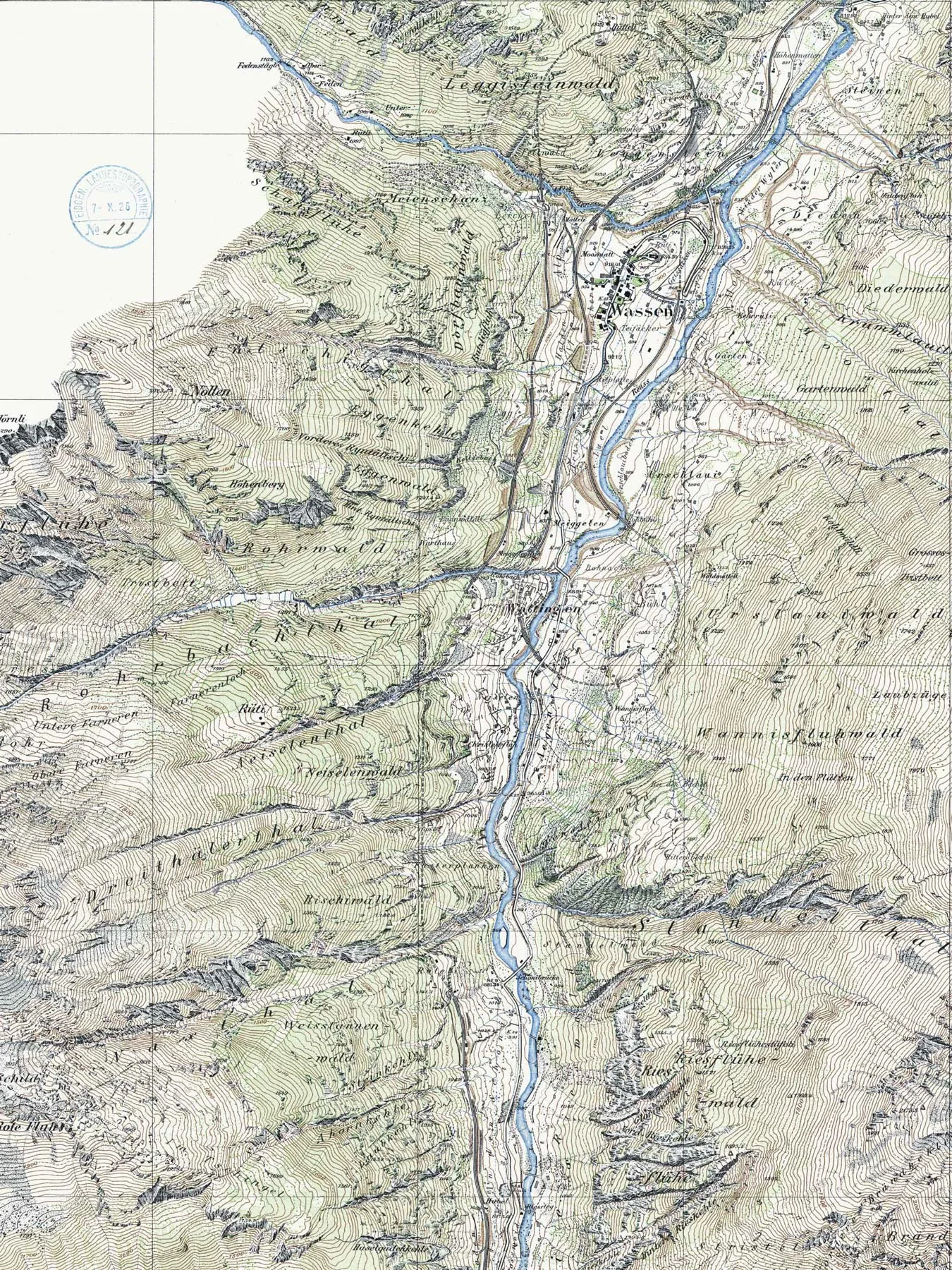 Blatt «Wassen» der Festungskarte des Gotthardgebiets, 1892 und 1921. Meist wurden zunächst die strategisch besonders wichtigen Täler erfasst, bevor sich die Vermessungsarbeit ins Hochgebirge verlagerte
