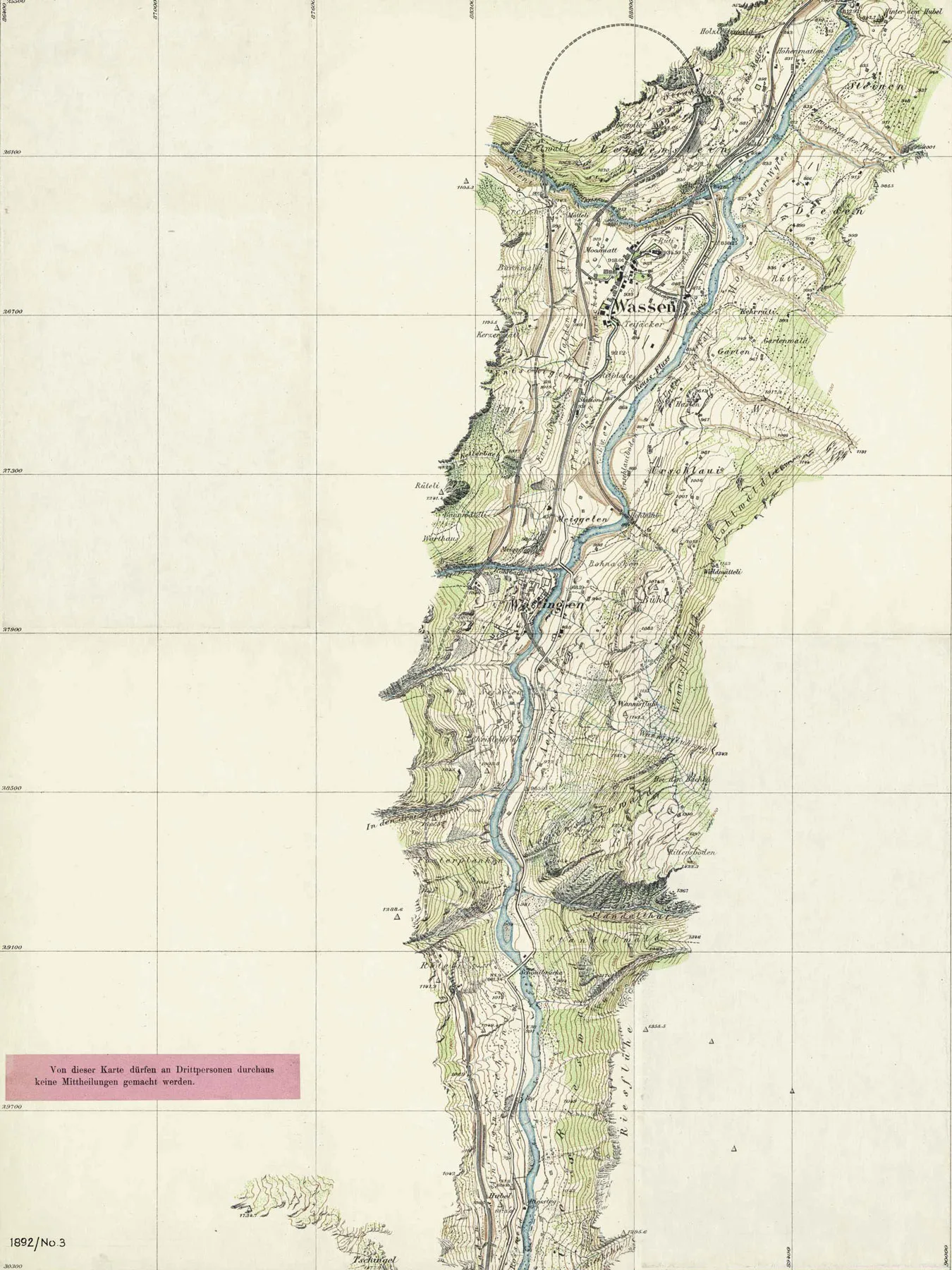 Blatt «Wassen» der Festungskarte des Gotthardgebiets, 1892 und 1921. Meist wurden zunächst die strategisch besonders wichtigen Täler erfasst, bevor sich die Vermessungsarbeit ins Hochgebirge verlagerte