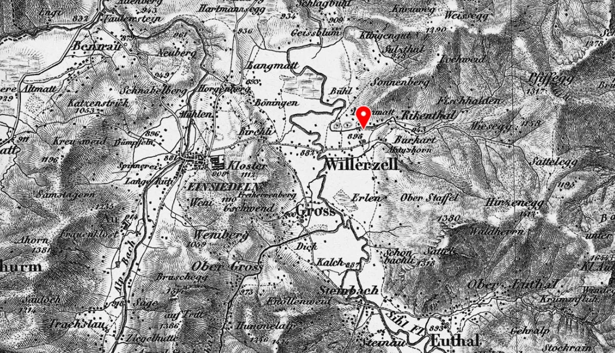 Kartenausschnitt der Region Einsiedeln auf der Dufourkarte.