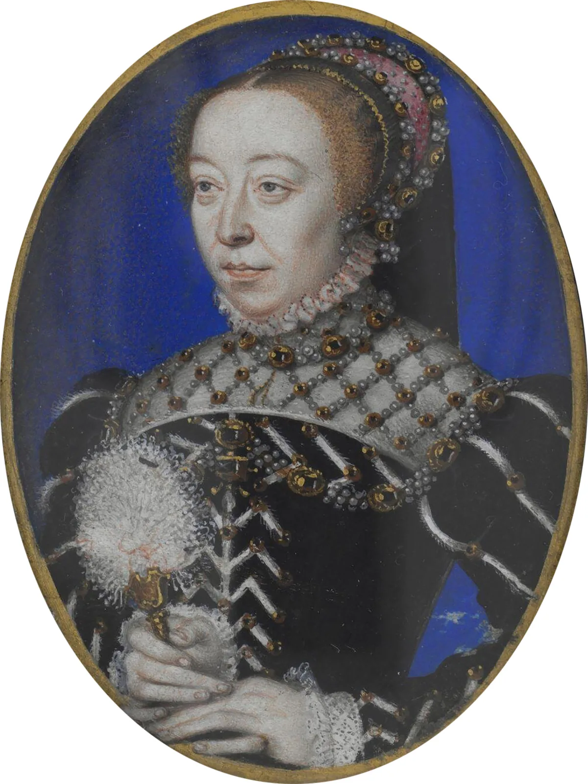 Katharina de Medici mit einem kleinen Federfächer. Miniatur von François Clouet, Frankreich, ca. um 1555.