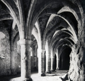 The vaulted cellar of Chillon Castle - François Bonivard's prison. Photo around 1900.