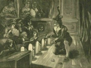 Un moucheur en costume de bouffon mouche les bougies de la rampe, munies de dispositifs anti-éblouissement. Gravure sur bois «Candle-Snuffer», d’un artiste inconnu, publiée dans «The Illustrated Sporting and Dramatic News», 1876.