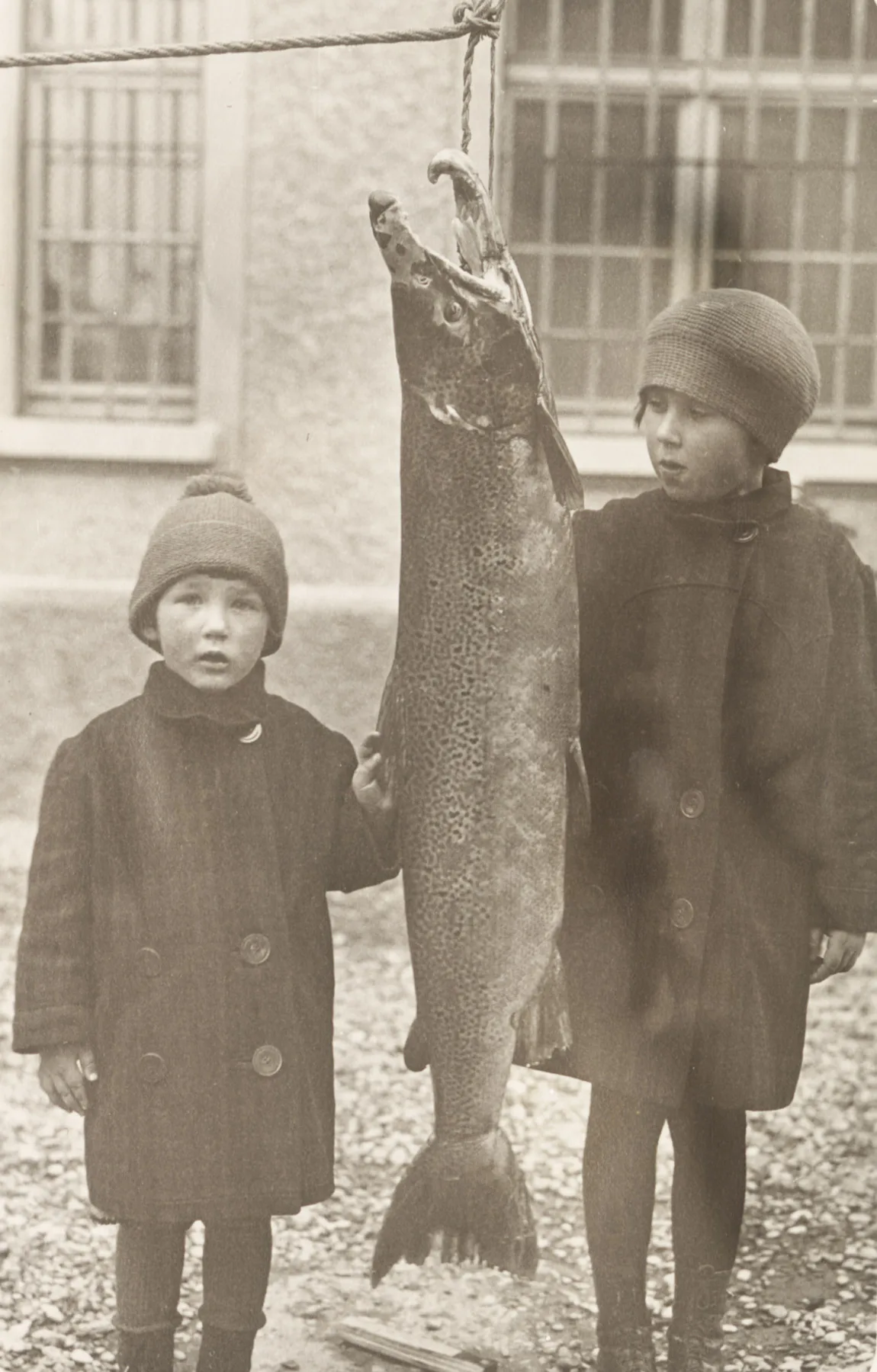 Zwei Kinder mit einem Lachs bei Augst, undatierte Fotografie. Bis in die 1920er-Jahre wurden in Basel zahlreiche Lachse gefangen.
