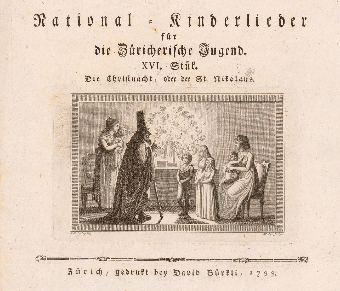 Eine Druckgrafik aus National-Kinderlieder für die Züricherische Jugend zeigt ein geschmücktes Bäumchen im Hintergrund, 1799.