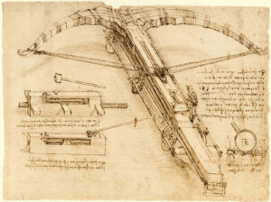 Plan de fabrication d’une arbalète géante avec double corde tendue, Léonard de Vinci, vers 1500.