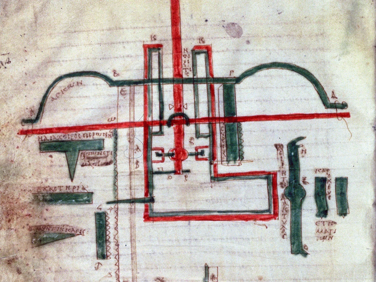 Konstruktionszeichnung einer sogenannten «Gastraphetes» aus einer Abschrift des Werks «Belopoeica» des Heron von Alexandria.