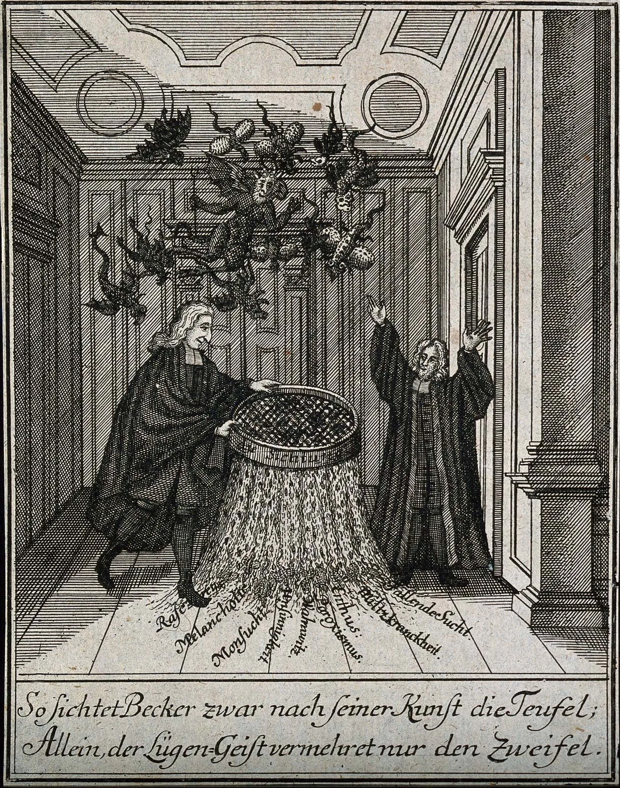 Eine Darstellung aus dem Jahr 1731 zeigt die Melancholie und weitere Krankheiten, welche die Teufel zu den Menschen brachten.