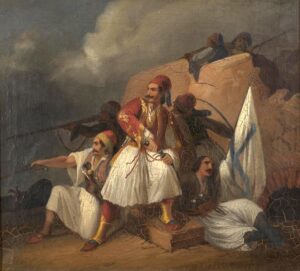 Scène de guerre avec des combattants grecs pour la libération, peinte par Theodoros Vryzakis.