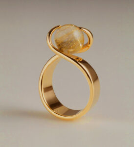 Ring with smoky quartz sphere held by tension, 1957.