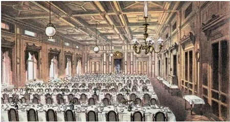 Auf dieser Abbildung sind links die neuen Kohlebogenlampen und rechts der alte Petroleumleuchter zu sehen.