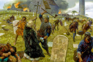 Représentation artistique d’une attaque de l’abbaye d’Iona par les Vikings.