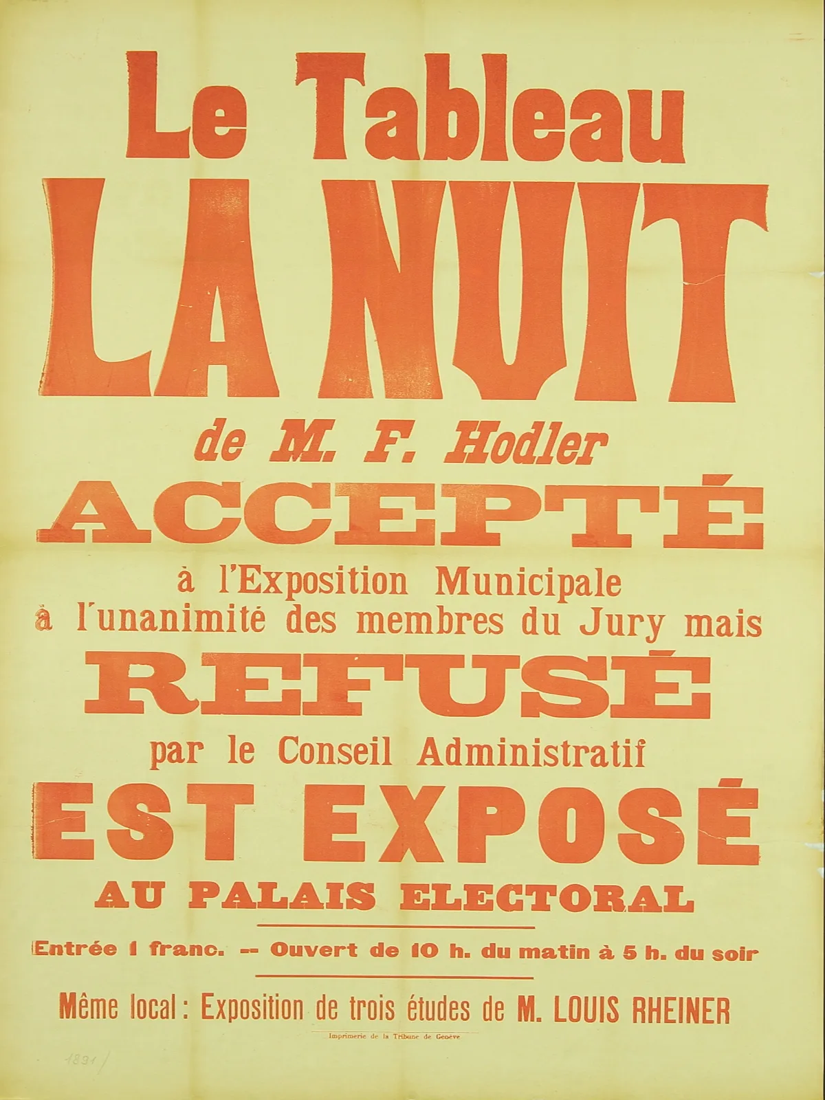 Das Gemälde Die Nacht von Ferdinand Hodler wird 1891 an der Eröffnung einer städtischen Ausstellung in Genf präsentiert. Im Anschluss lässt der Genfer Stadtrat das Bild aus «sittlichen Gründen» wieder aus der Ausstellung entfernen. Für einen Franken kann man sich das Bild anderswo ansehen. Ferdinand Hodler, Le Tableau La Nuit, Genf, 1891, Papier auf Karton | Ca 1121
