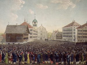 Caption: Who’s allowed to have a say here? The Landsgemeinde (people’s assembly) in Trogen (Canton of Appenzell Ausserrhoden). As depicted by Johann Jakob Mock, 1814.