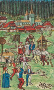 Landsknechte vertreiben sich die Zeit mit sportlichen Wettkämpfen. Abbildung aus der Eidgenössischen Chronik des Luzerners Diebold Schilling, um 1513.