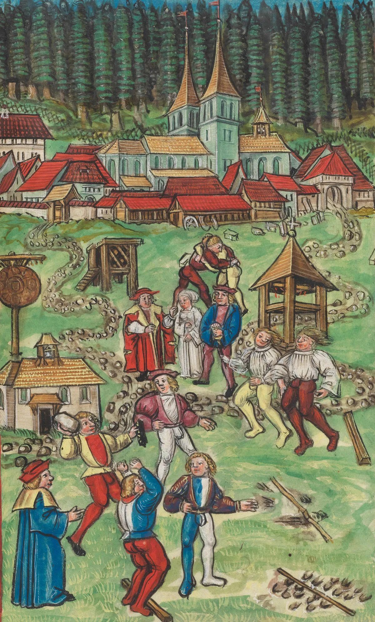 Landsknechte vertreiben sich die Zeit mit sportlichen Wettkämpfen. Abbildung aus der Eidgenössischen Chronik des Luzerners Diebold Schilling, um 1513.