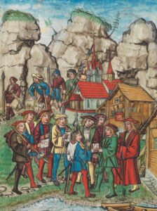 Messengers from Bern and Zurich deliver sealed messages to the representatives of the three original cantons, advising against military contracts. In the background, ragged and invalid mercenaries point out the consequences of mercenary service.