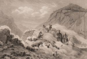 Rettung von Lawinenopfern auf dem St. Gotthard mit Hilfe eines Hundes, um 1839.