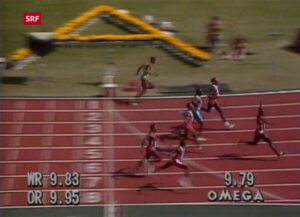 Une meilleure présence est presque impossible: le logo d'Omega s'affiche à l'arrivée du sprint de 100 mètres aux Jeux olympiques de Séoul en 1988.