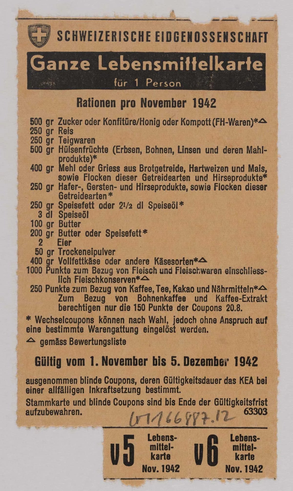 Lebensmittelkarte für eine Person, November 1942.