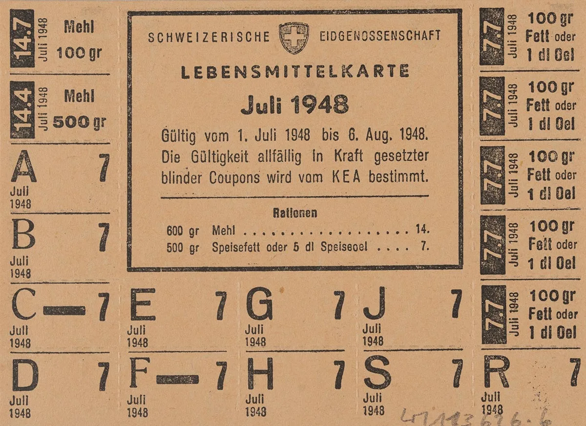 Lebensmittelkarte für den Bezug von Mehl und Fett, Juli 1948.