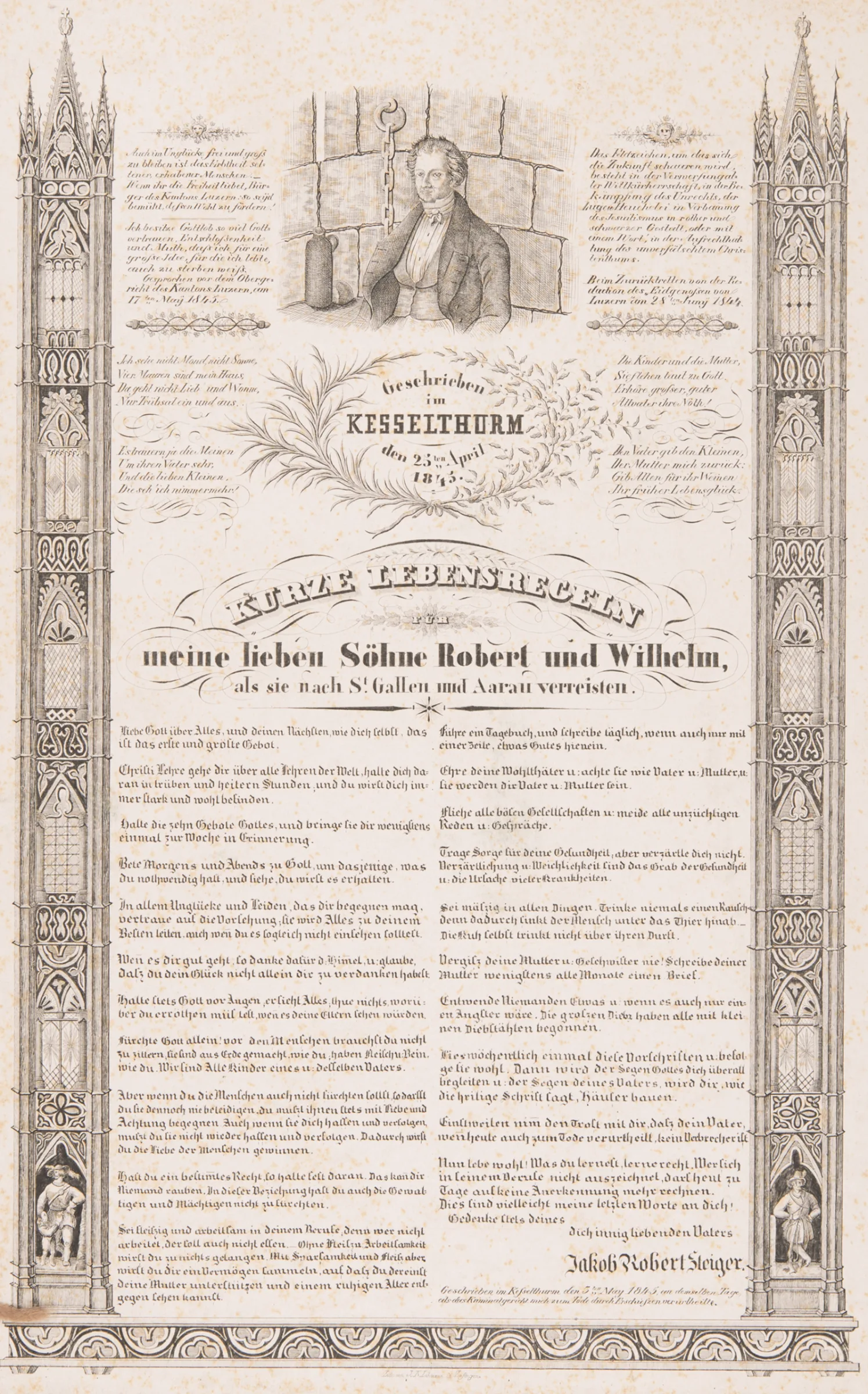 Während seiner Haft im Luzerner Kesselturm schreibt Jakob Robert Steiger die «kurzen Lebensregeln für meine lieben Söhne Robert und Wilhelm», Mai 1845.