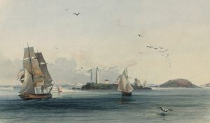 «Leuchtürme von Boston». Illustration aus Karl Bodmers Publikation Reise in das innere Nord-America, um 1841.