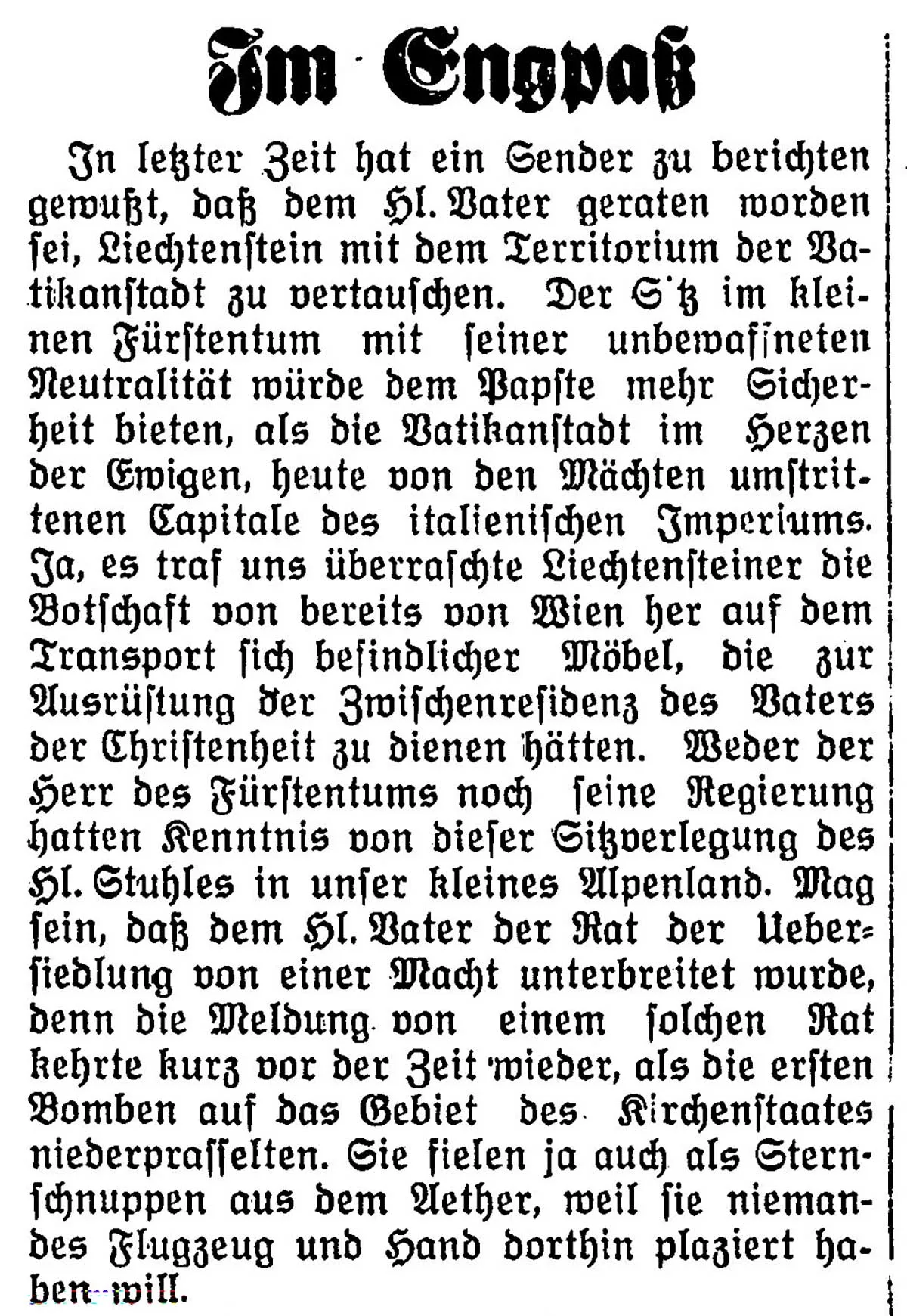 Artikel vom 13. November 1943 im Liechtensteiner Volksblatt.