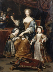 Liselotte in about 1678-1679, with her children: Elisabeth Charlotte, later Duchess of Lorraine (left), and the future French Regent Philippe II, Duke of Orléans (right).