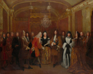 Au centre et à droite du roi: Liselotte lors de la réception du prince électeur Frédéric August, futur roi Auguste III de Pologne, le 27 septembre 1714. Peinture de Louis de Silvestre.