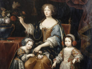Liselotte von der Pfalz, in Frankreich bekannt als «Madame Palatine», in einem Gemälde von Jean-Gilbert Murat für das Schloss Versailles nach dem Original von Pierre Mignard (Ausschnitt).