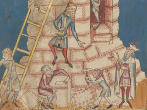 Der Turmbau zu Babel in der Weltchronik von Rudolf von Ems (1200–1254), um 1340/50 (Ausschnitt).