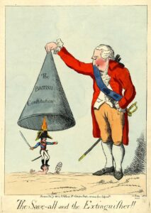 King George III snuffs out Napoleon. Caricature by William Holland, 1803.