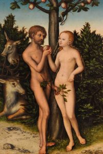 Eva verführt Adam zum Biss in den Apfel: Der Sündenfall von Lucas Cranach der Ältere, 1532.