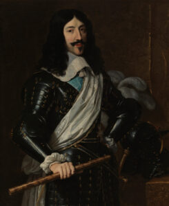 Louis XIII in 1635, dressed in armour and wearing a wig. Painting by Philippe de Champaigne.