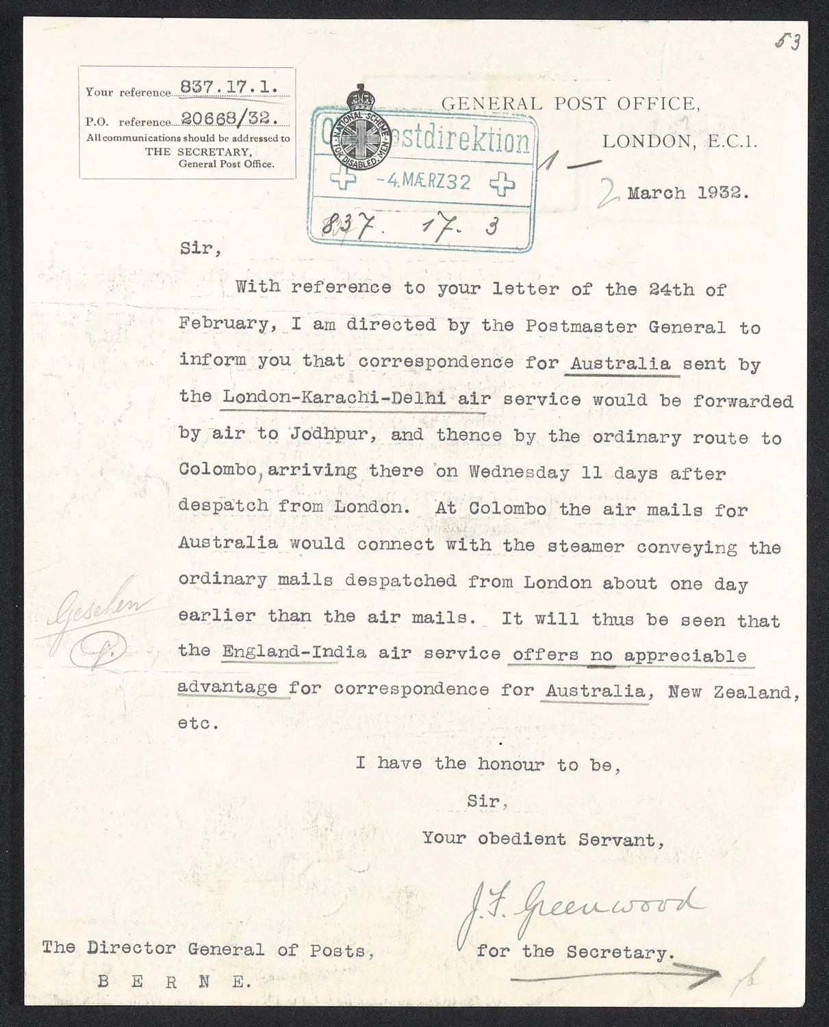 Wenn das Flugzeug gleich lange hat, wie das Dampfschiff: Das britische General Post Office erläutert 1932 die Luftpostverbindungen nach Australien.