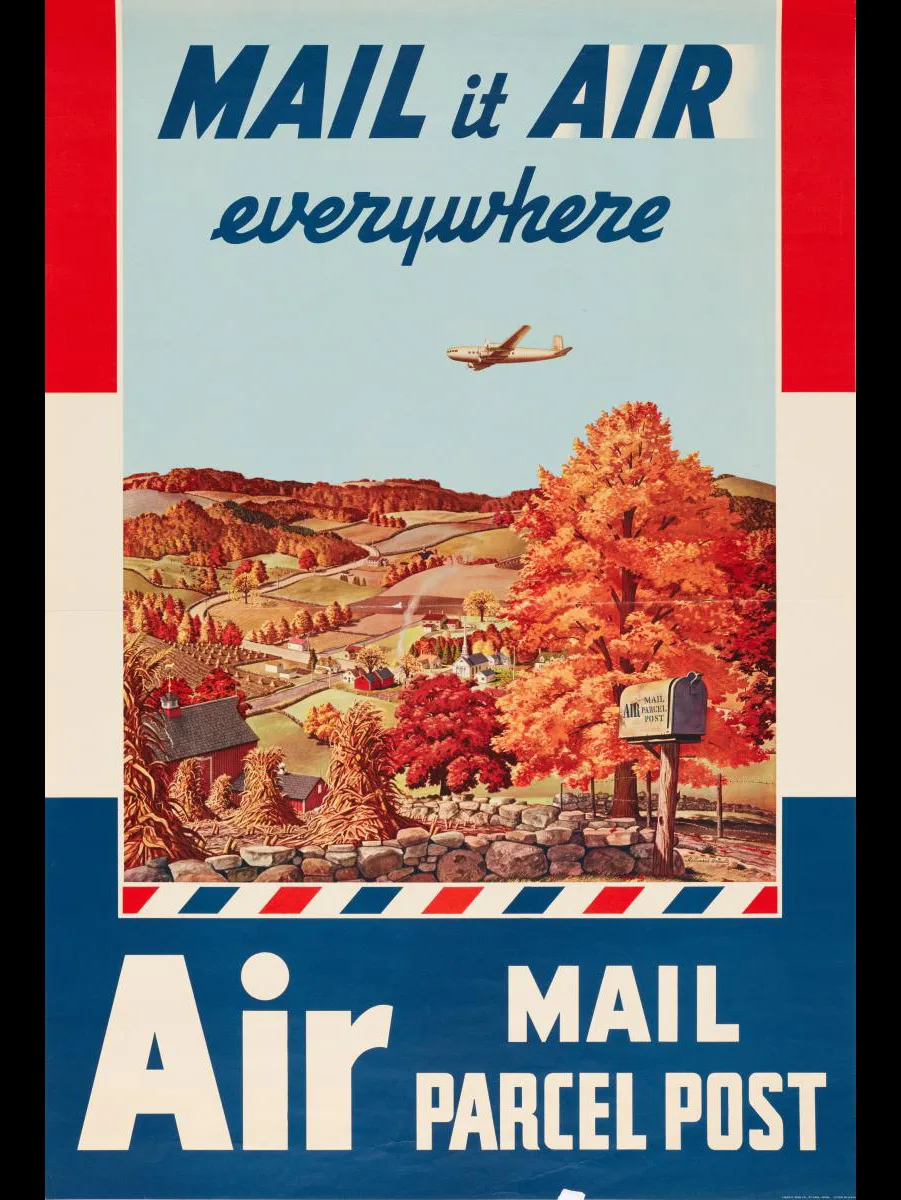 Das Versprechen einer vernetzten Welt. Dieser Fortschrittsglaube manifestierte sich auch in der Werbung. Auf dem Plakat wird eine idyllische, aber abgelegene Siedlung gezeigt. Doch das dargestellte Flugzeug und der Briefkasten verheissen die Verbundenheit mit dem Rest der Welt.