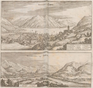 Die Orte Lugano und Bellinzona in einem Holzschnitt von Matthäus Merian, um 1654.