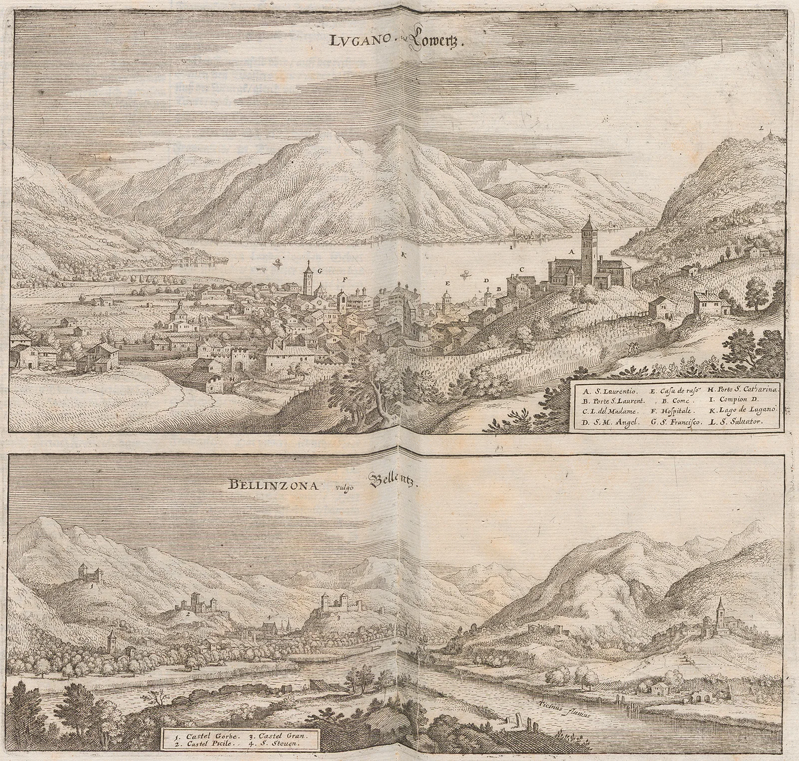 Die Orte Lugano und Bellinzona in einem Holzschnitt von Matthäus Merian, um 1654.