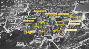 The modern part of Lucerne in 1910 with a characteristic block structure: enclosed blocks of houses around a shared courtyard, located beside the road.