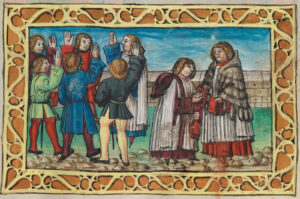 Passation des pouvoirs au sein de la famille Schiner: en 1499, Nicolas Schiner démissionne de sa fonction d’évêque de Sion au profit de son neveu Mathieu (à droite), à qui il remet symboliquement l’évangéliaire.