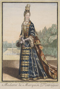 Les images de mode existent alors également en couleur. Henri Bonnart, «Madame la Marquise D’Entragues», 1694.