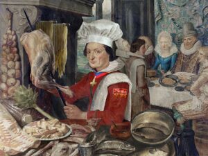 Premier cuisinier vedette de l’Histoire, Martino da Como était en réalité originaire de Blenio. Illustration de Marco Heer.