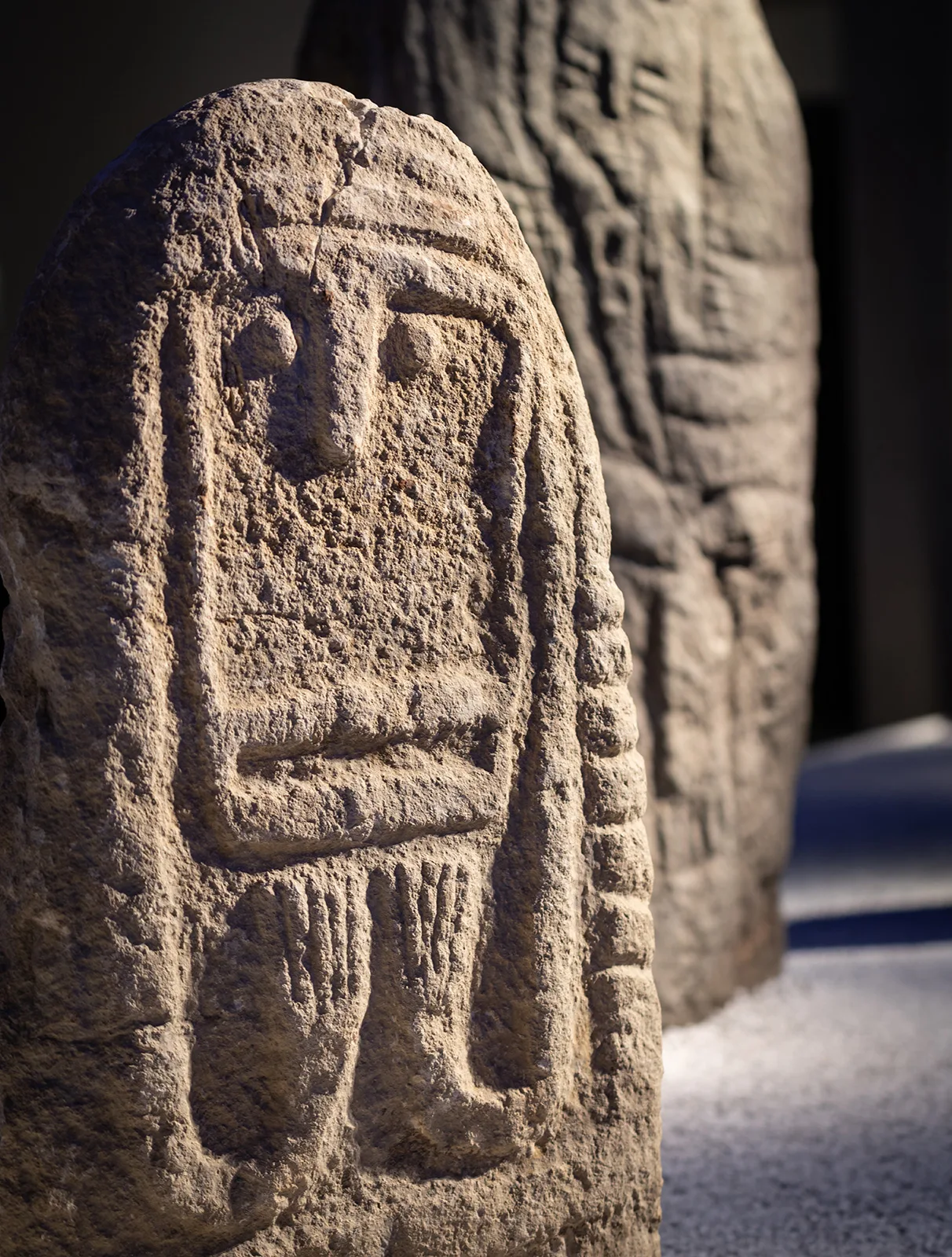 Die Stele im Vordergrund stammt aus Südfrankreich und ist 4400 bis 5200 Jahre alt.