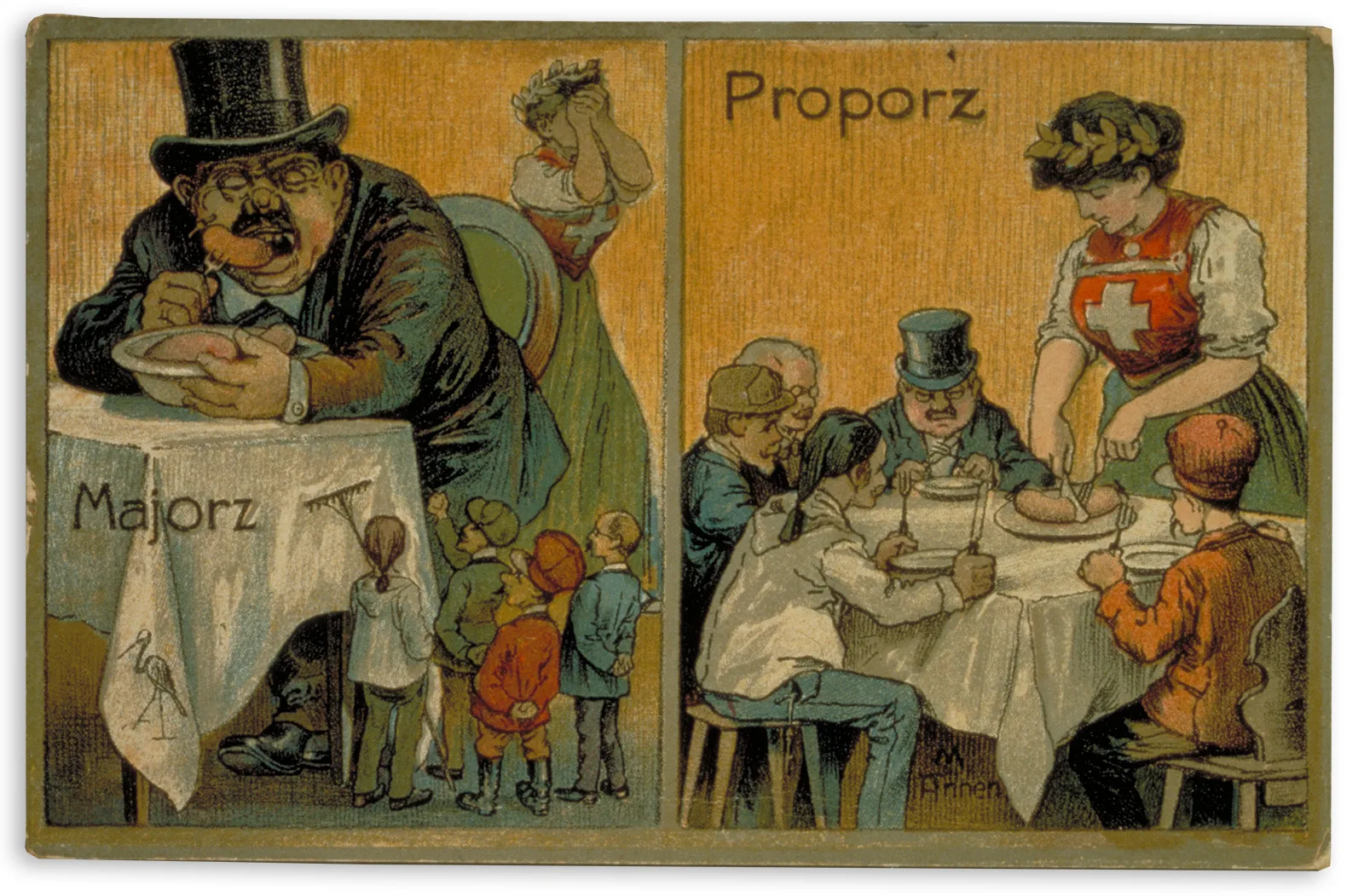 Propagandapostkarte für die Einführung des Proporzwahlsystems, um 1910.