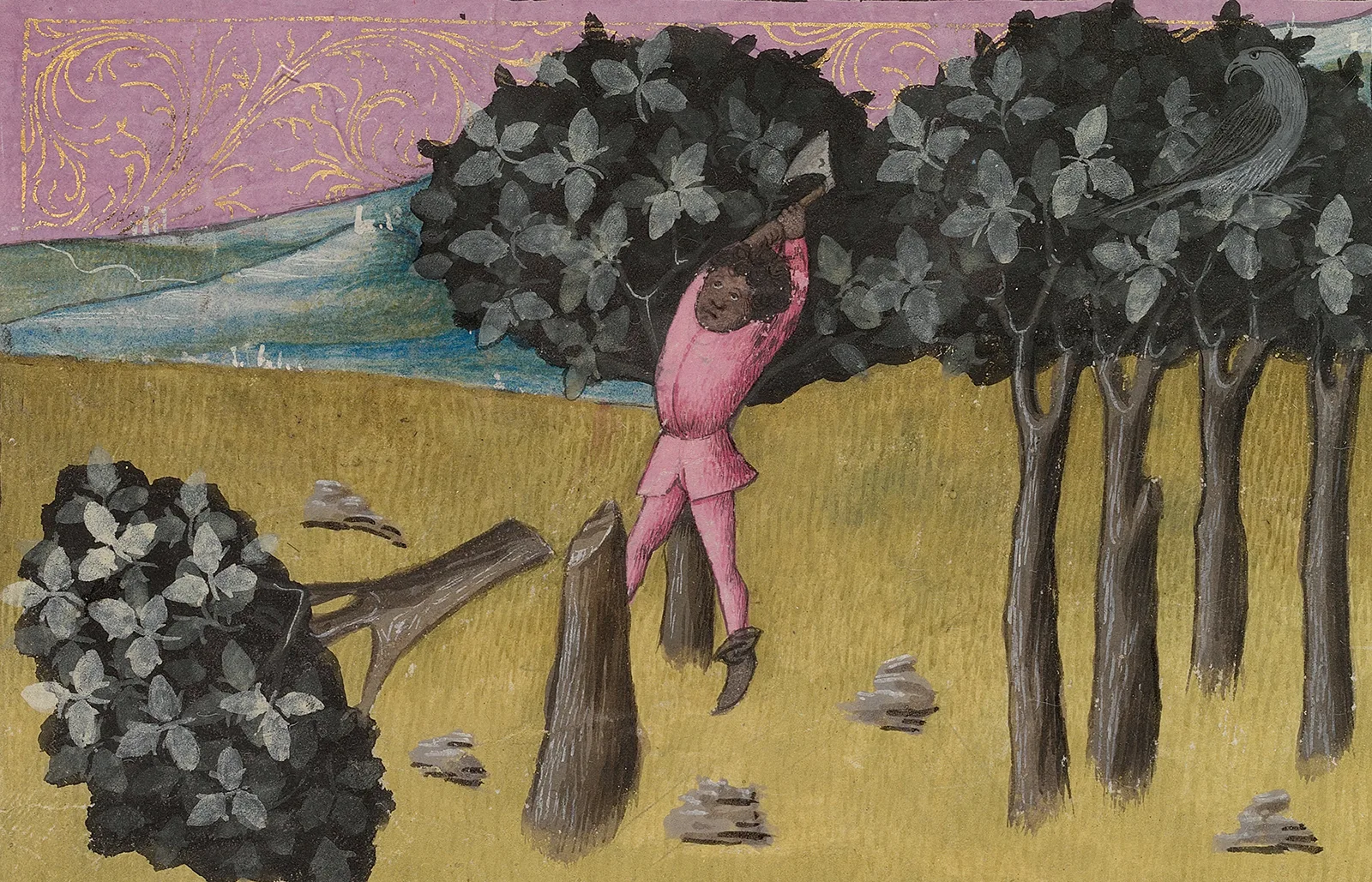 Ein Mann fällt einen Baum. Illustration der Waldbewirtschaftung aus dem Codex Granatensis, um 1400.